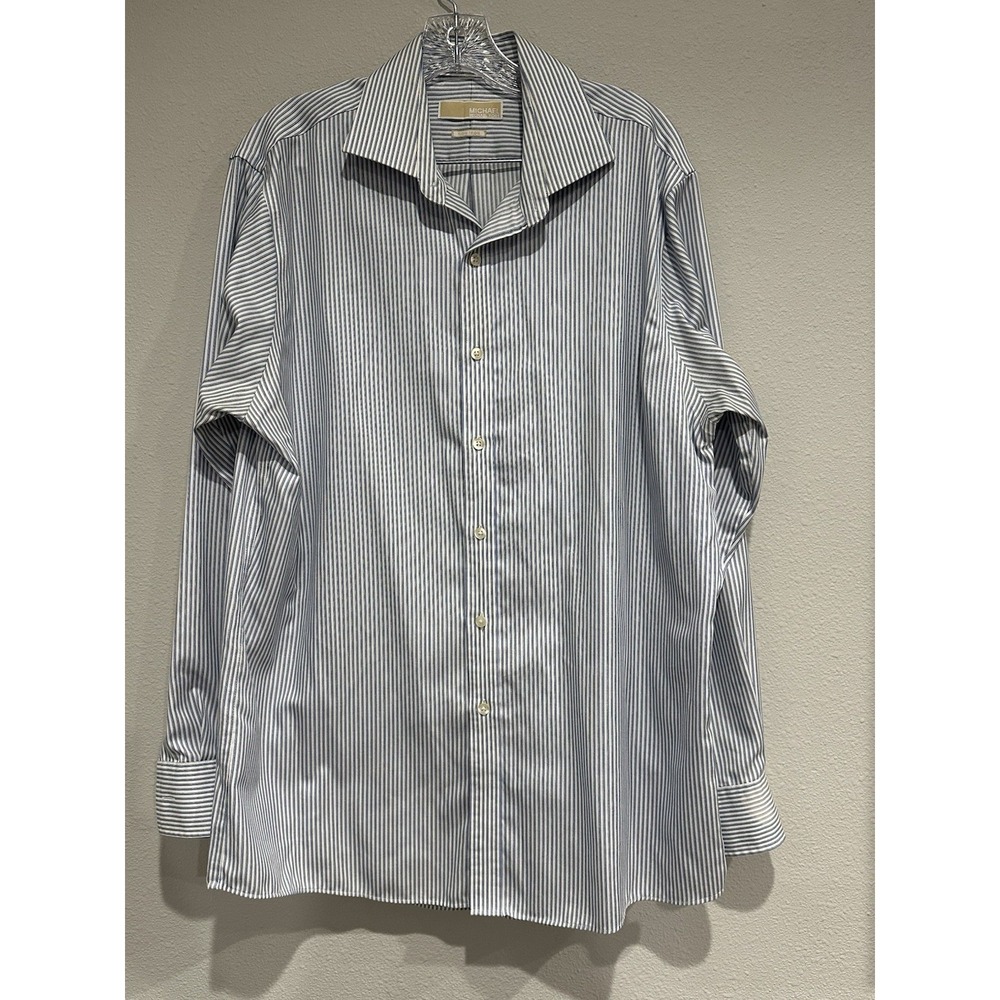 Michael Kors Mens Button Down DressShirt Blue Stripe Reg Fit Non Iron 16.5 34-35